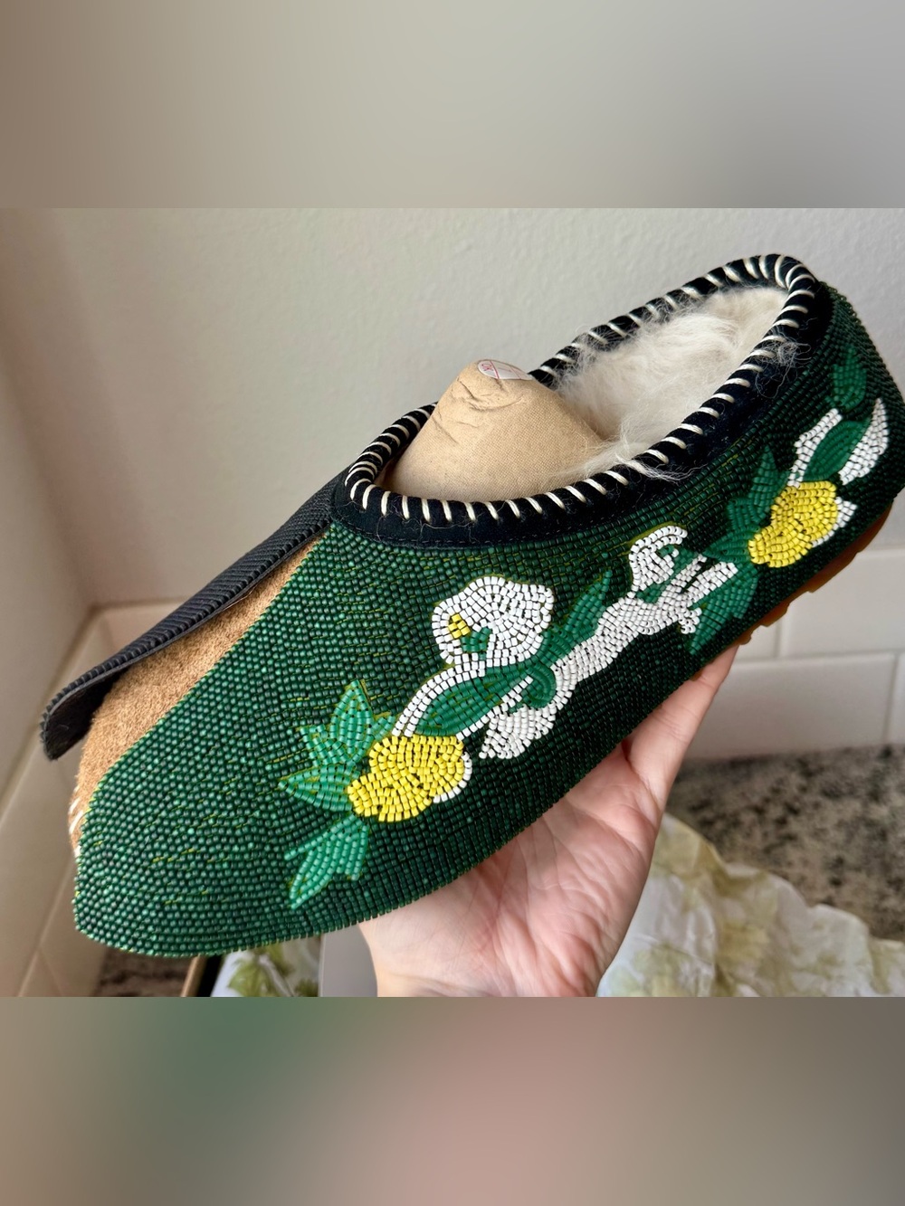 UGG Green Beaded Floral Men's Slipper with White & Yellow Accents